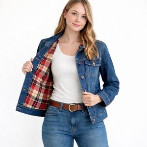 Parasuco jeans jacket denim flannel lining plaid red medium spring summer fall